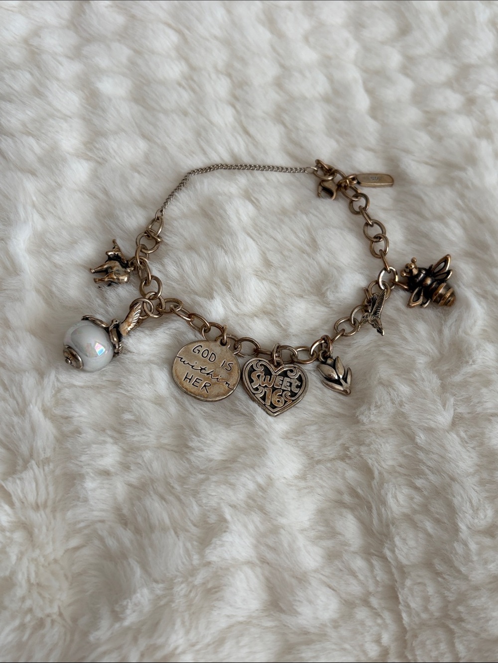 James every Charm Bracelet with Pearl and Heart Charms. Retired charm included